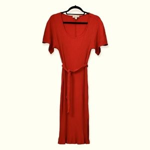 Amour Vert Red Ribbed Tie Waist Midi Dress Medium